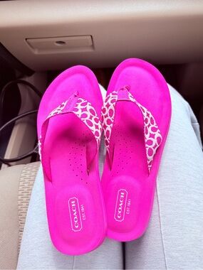 Coach Hot Pink Signature-Print Wedge Flip Flops
